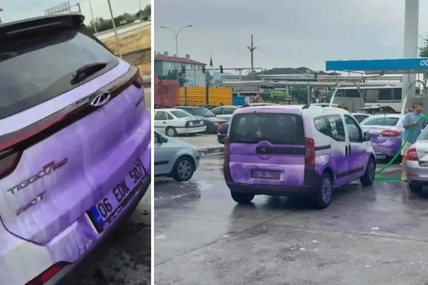 Afyonkarahisar’da bir garip yol: Kullanan araçlar mora boyandı
