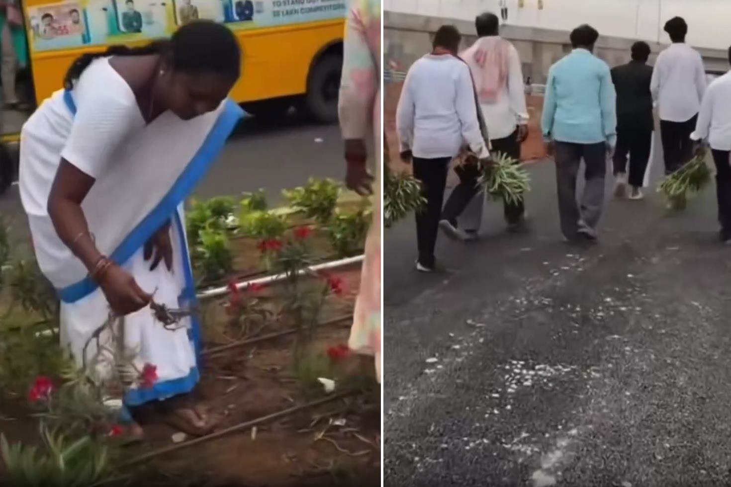 Havalimanı açılışına damga vuran görüntü! Çiçekleri söküp eve götürdüler