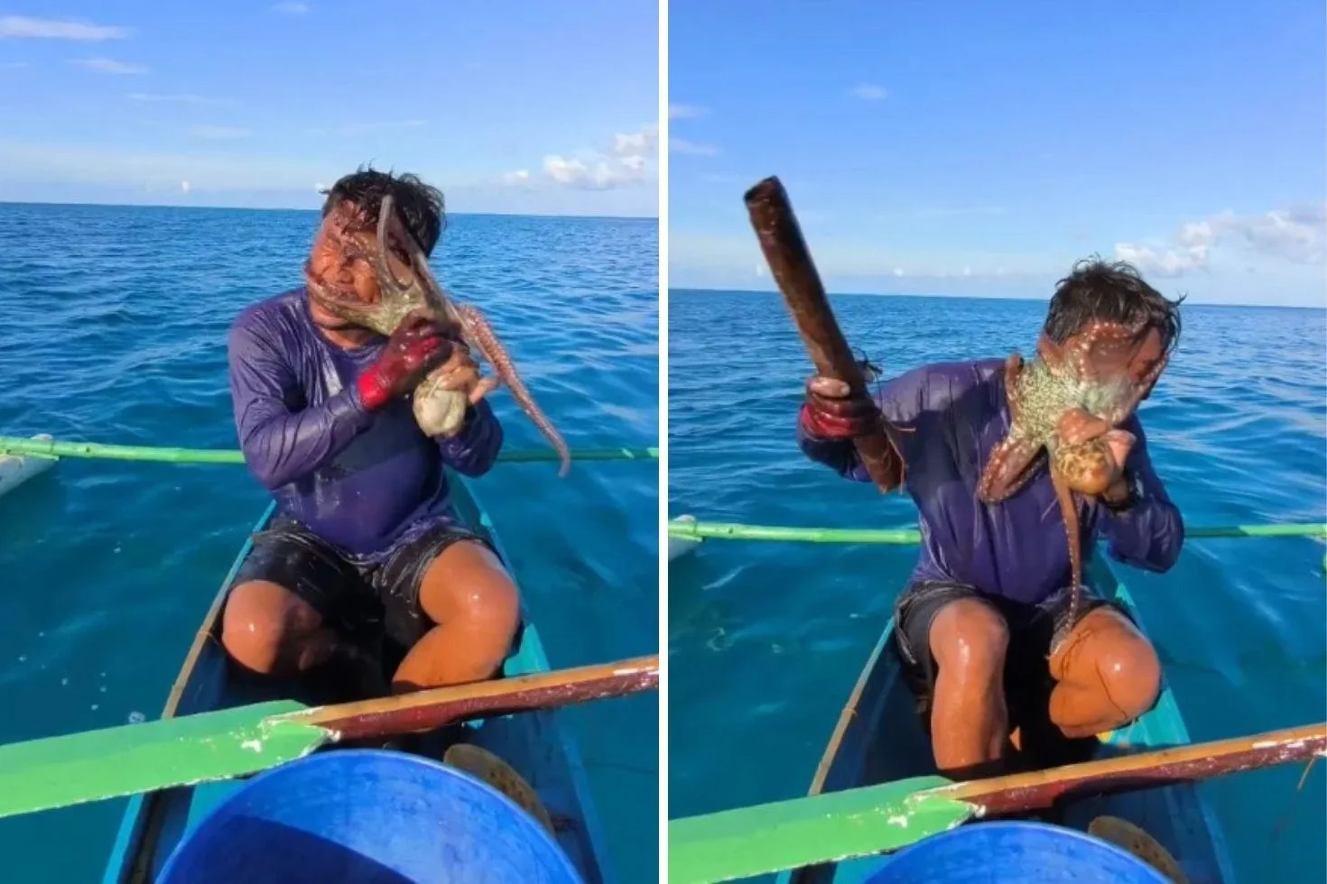 Yüzüne Ahtapot yapışan balıkçı az kalsın ölüyordu! Kurtulmak için bambu sopasına sarıldı